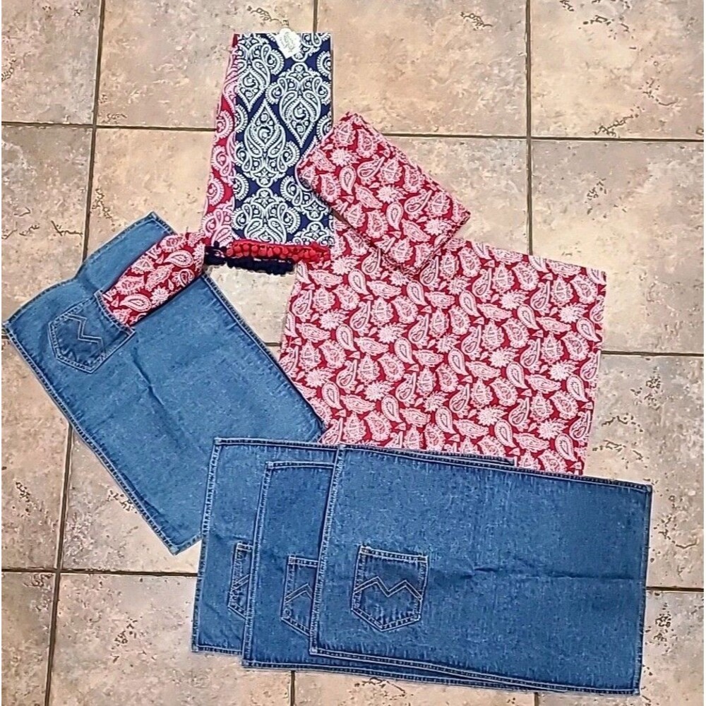 PLacemats (4) NAPKINS (6) RED WHITE PAISLEY BANDANA 100% COTTON  2 Dish Towels
